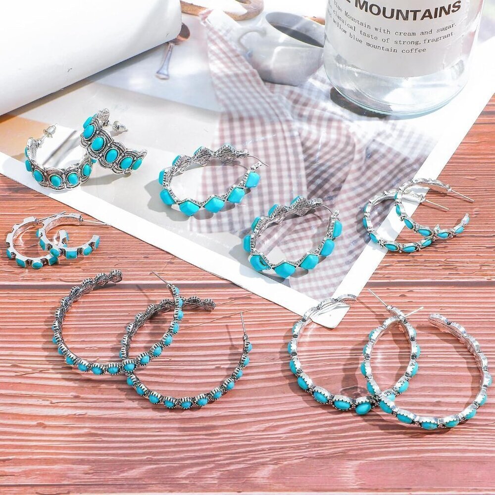 Turquoise Hoop Earrings Hypoallergenic Ethnic Bohemian 6 Pairs For Women View 4